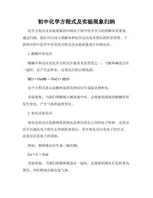 初中化学方程式及实验现象归纳