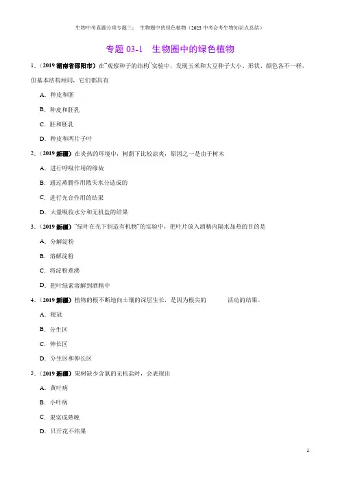 生物中考真题分项专题三： 生物圈中的绿色植物(2023中考会考生物知识点总结)
