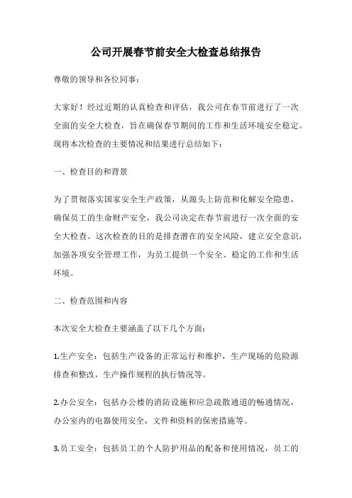 公司开展春节前安全大检查总结报告