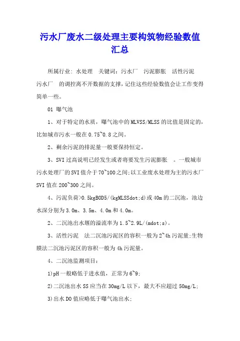 污水厂废水二级处理主要构筑物经验数值汇总