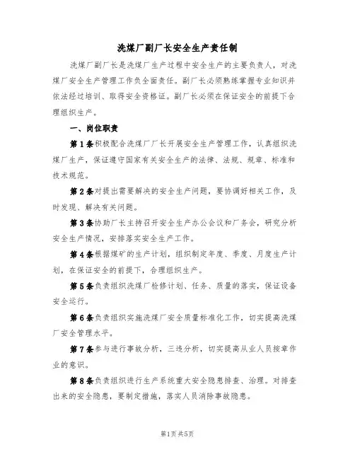 洗煤厂副厂长安全生产责任制(3篇)