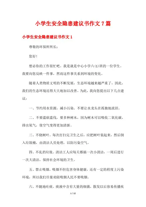 小学生安全隐患建议书作文7篇
