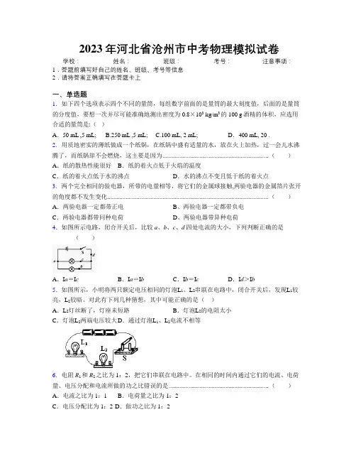 2023年河北省沧州市中考物理模拟试卷附解析