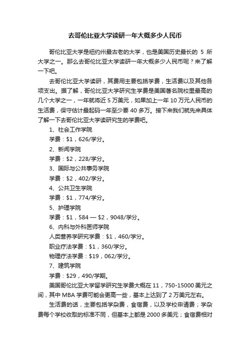 去哥伦比亚大学读研一年大概多少人民币