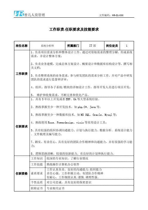 系统分析师工作职责和任职要求模板