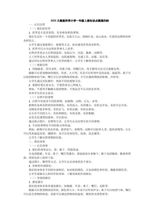 2024大象版科学小学一年级上册知识点梳理归纳