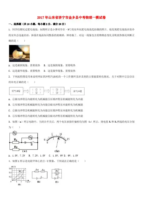 山东省济宁市金乡县2017年中考物理一模试卷(含解析)