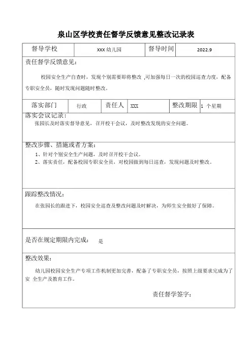 幼儿园责任督学反馈意见整改记录表(全年汇总)