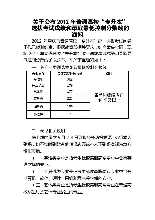2012年普通高校“专升本”录取线