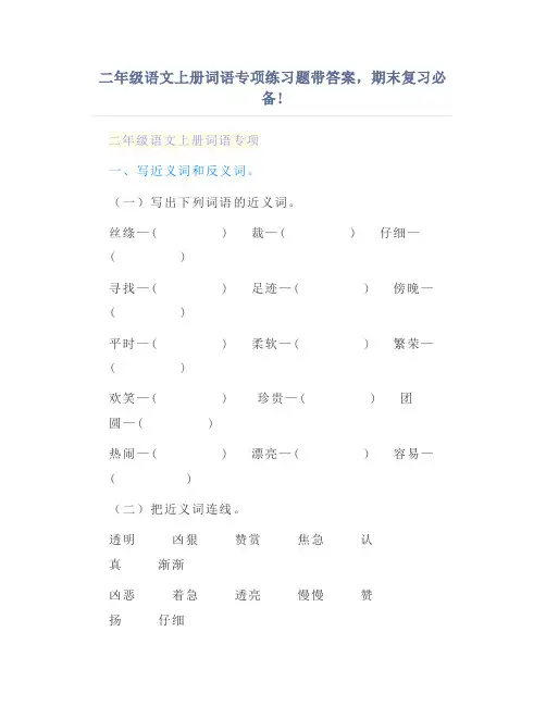 二年级语文上册词语专项练习题带答案,期末复习必