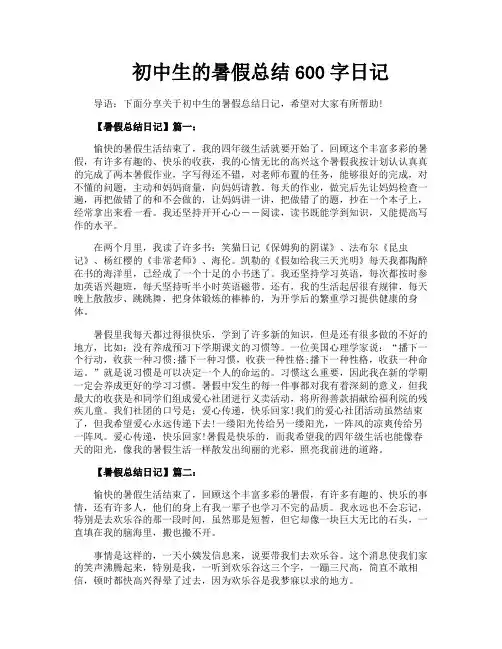 初中生的暑假总结600字日记