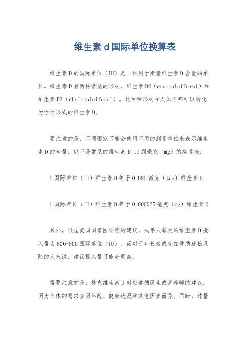 维生素d国际单位换算表