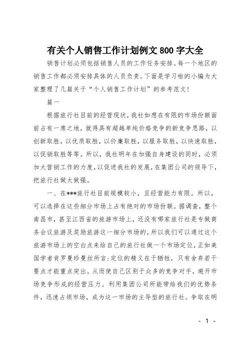 有关个人销售工作计划例文800字大全