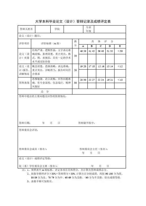 大学本科毕业论文(设计)答辩记录及成绩评定表