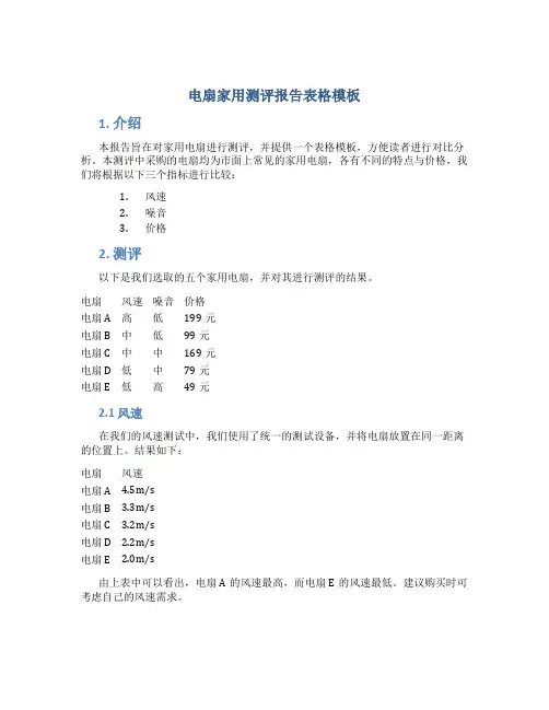 电扇家用测评报告表格模板