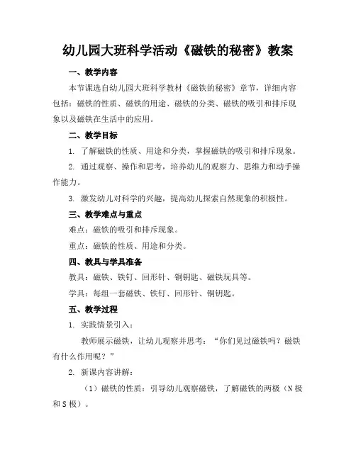 幼儿园大班科学活动《磁铁的秘密》教案