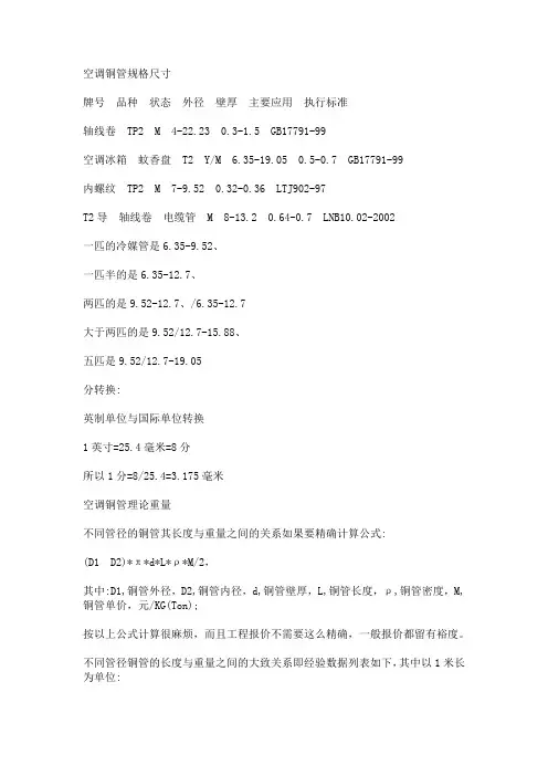 空调铜管规格尺寸表