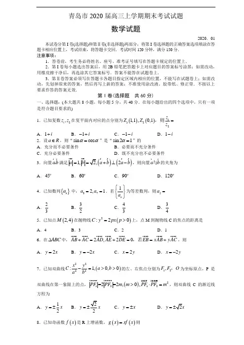 青岛市2020届高三上学期期末考试数学试题(附详细答案)