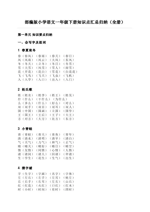部编版小学语文一年级下册知识点汇总归纳(全册)