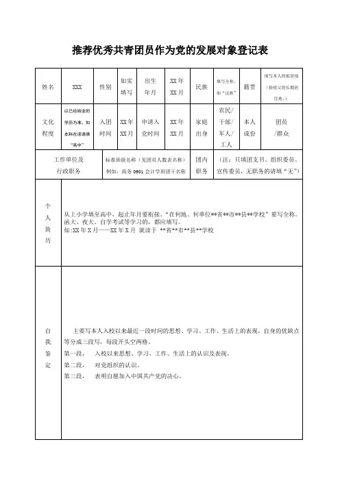 推荐优秀共青团员作为党的发展对象登记表(参考模板)
