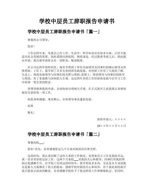 学校中层员工辞职报告申请书