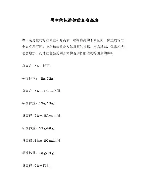 男生的标准体重和身高表