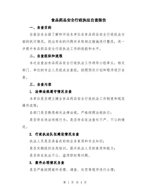 食品药品安全行政执法自查报告