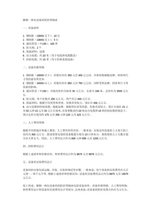 碳钢一体化设备间组价明细表