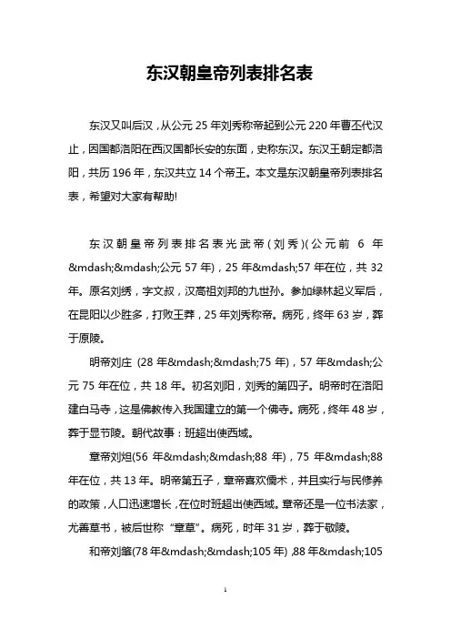 东汉朝皇帝列表排名表