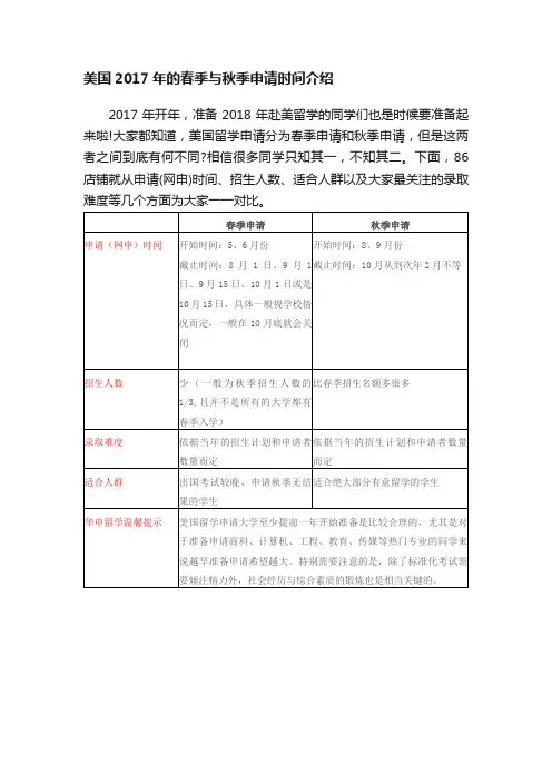 美国2017年的春季与秋季申请时间介绍