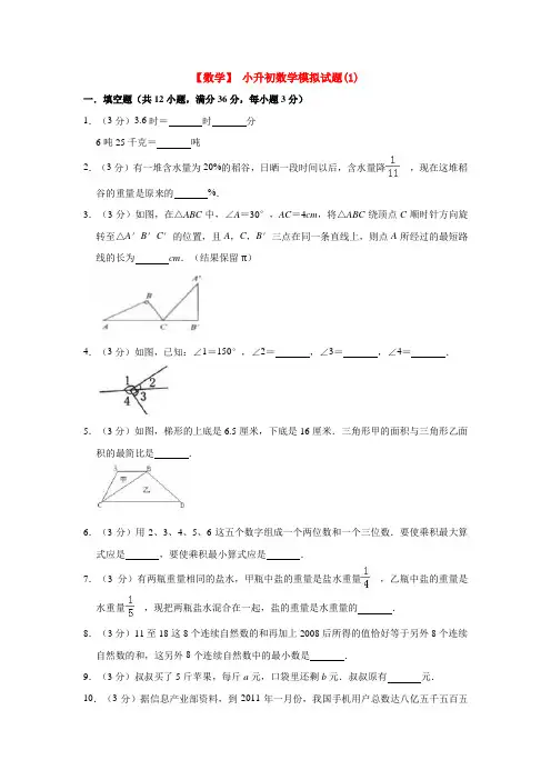 【3套试卷】天津市南开翔宇学校小升初模拟考试数学试卷含答案
