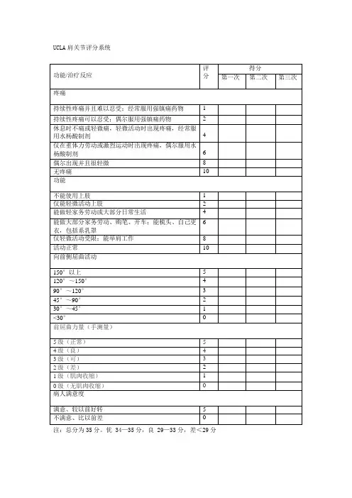 肩关节功能评定表