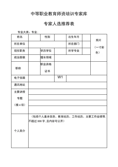 中等职业教育师资培训专家库专家人选推荐表