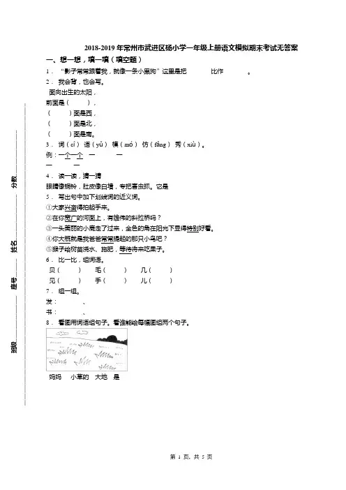 2018-2019年常州市武进区杨小学一年级上册语文模拟期末考试无答案