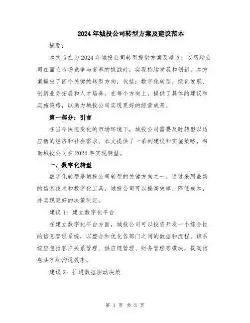 2024年城投公司转型方案及建议范本