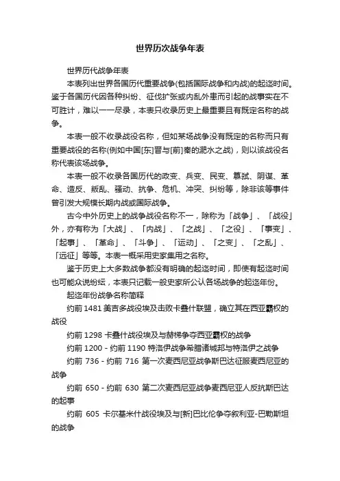 世界历次战争年表