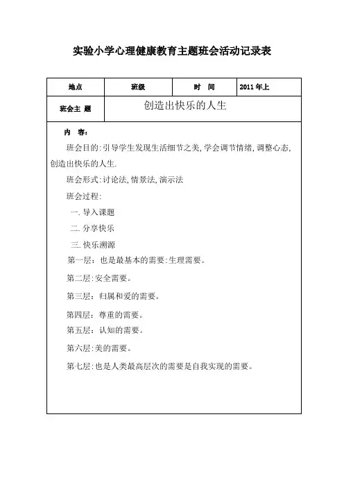 实验小学心理健康主题班会活动记录表