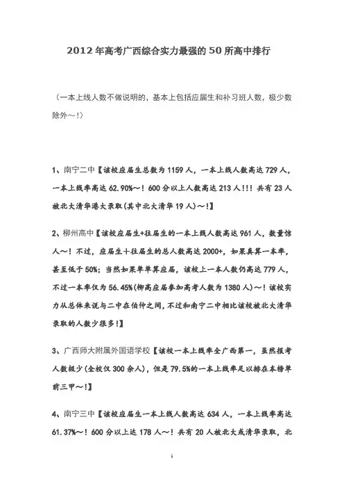 2012年高考广西综合实力最强的50所高中排行