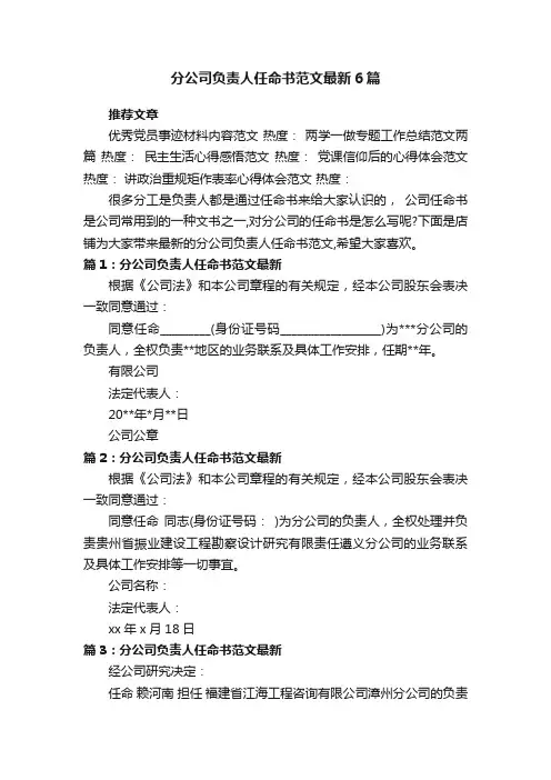 分公司负责人任命书范文最新6篇