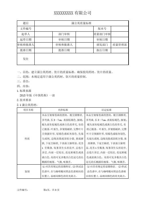 蒲公英质量标准