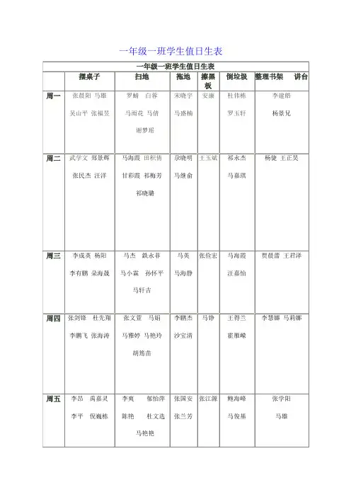 一年级一班学生值日生表