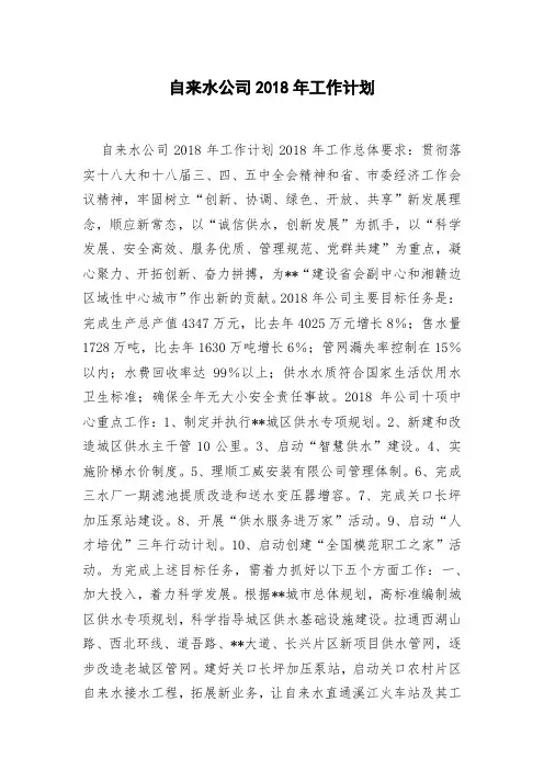 自来水公司2018年工作计划