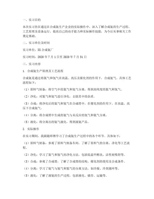 合成氨的实习报告