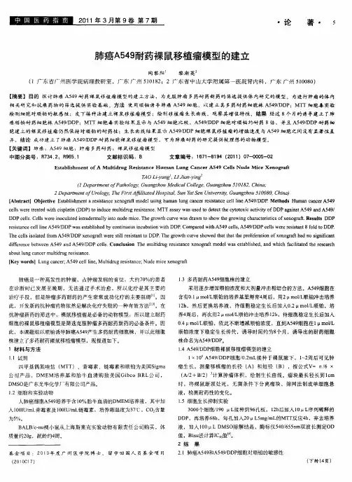 肺癌A549耐药裸鼠移植瘤模型的建立