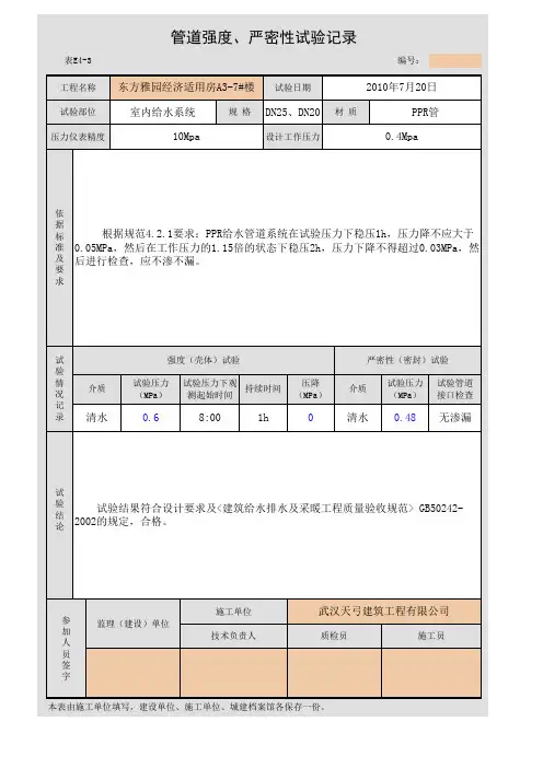 给水管道强度、严密性试验记录