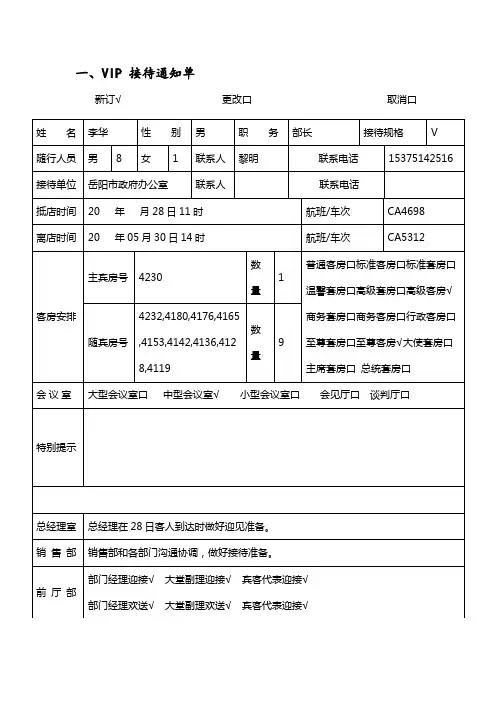 酒店VIP接待通知单