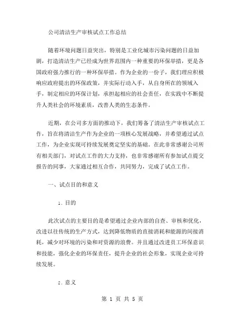 公司清洁生产审核试点工作总结范文