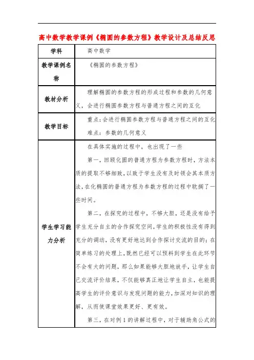 高中数学教学课例《椭圆的参数方程》课程思政核心素养教学设计及总结反思