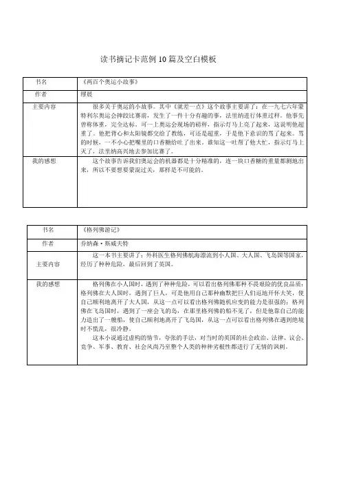 课外阅读摘记卡范例10篇及空白模板