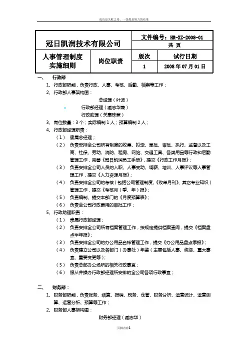 HR-XZ-200801 部门职能和岗位职责